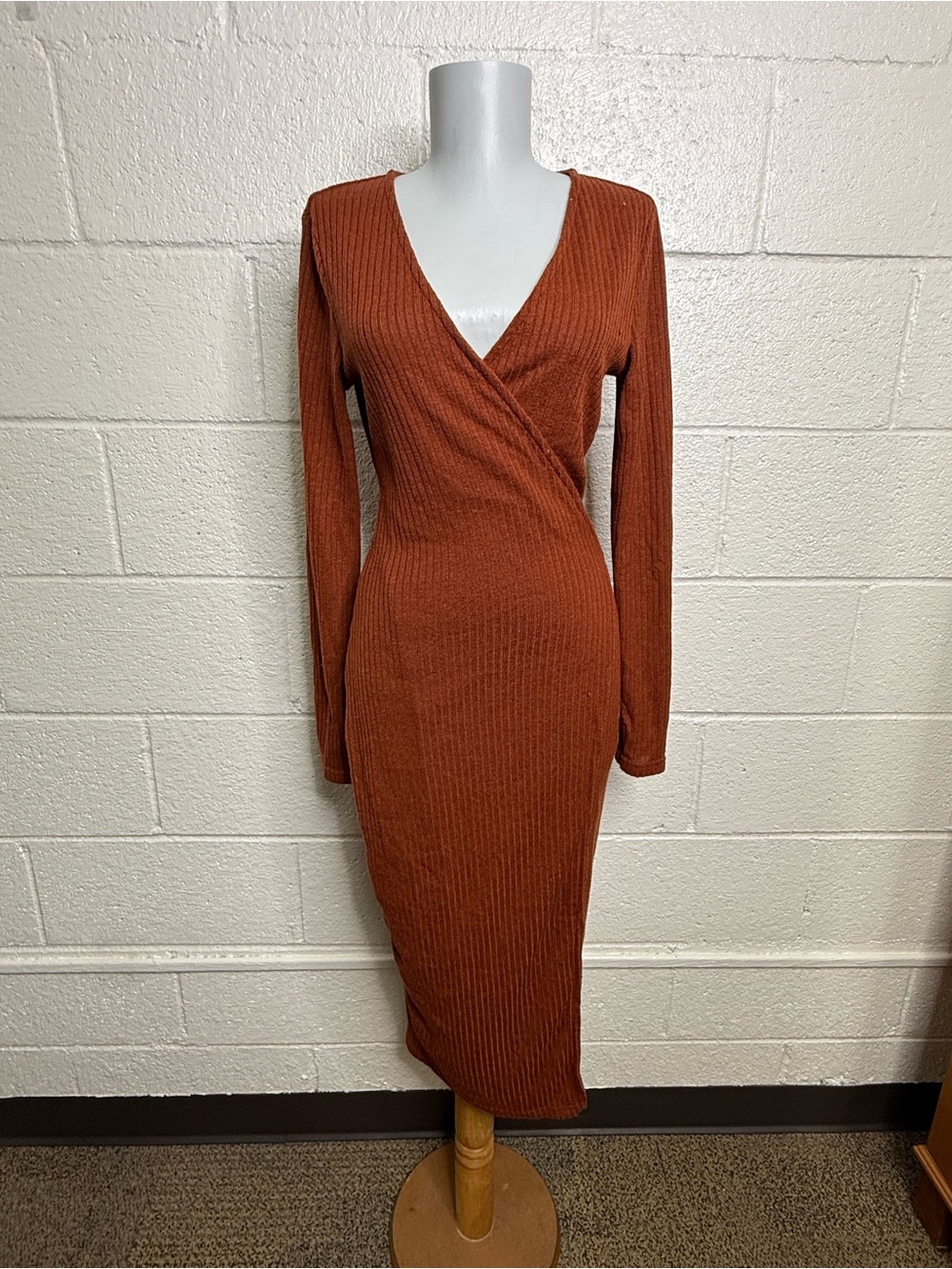 SHEIN Rust Wrap Ribbed V-Neck Long Sleeve Midi Dress